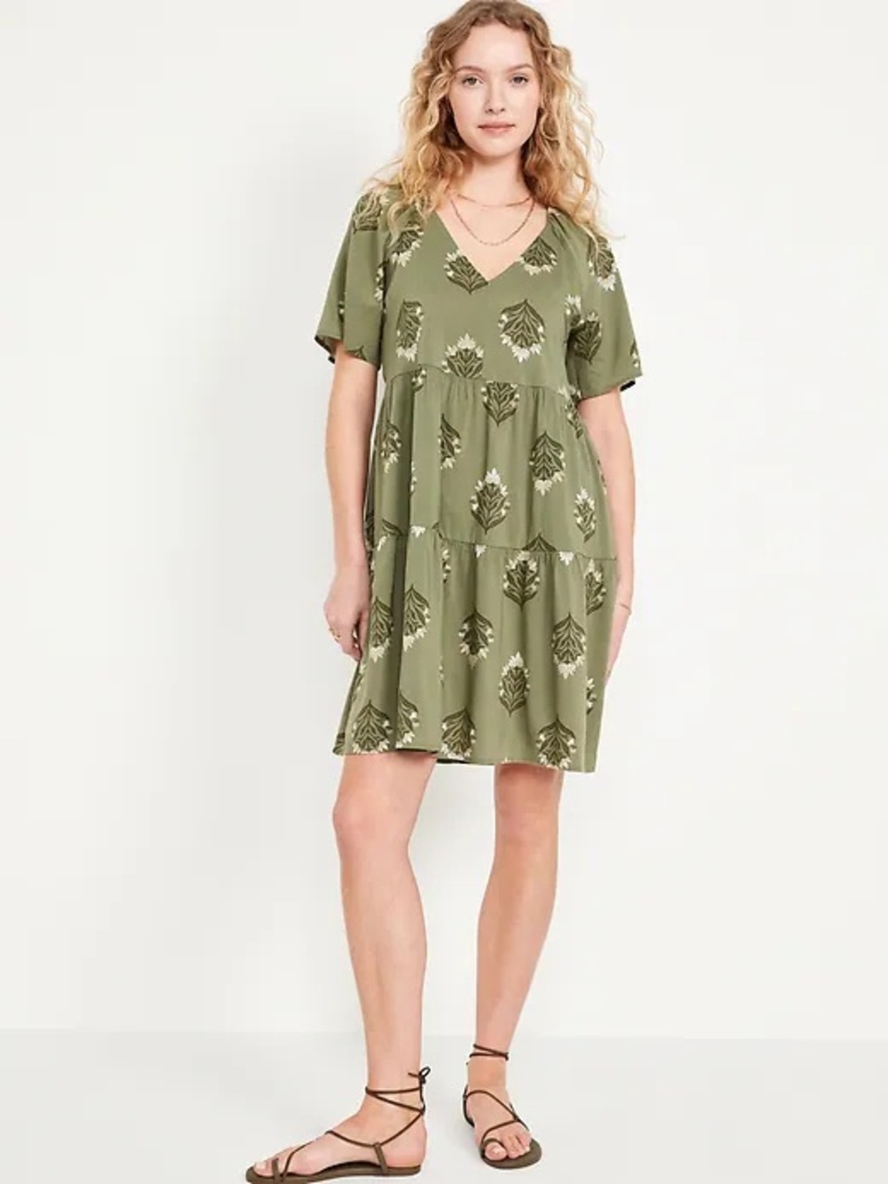 Old Navy Olive Green Floral V-Neck Tiered Mini Dress - Picture 1 of 11